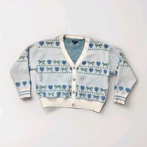 Girlish Heart Bow Cardigan Sweater Blue Cream Button Up Soft Knit Womens XL GUC